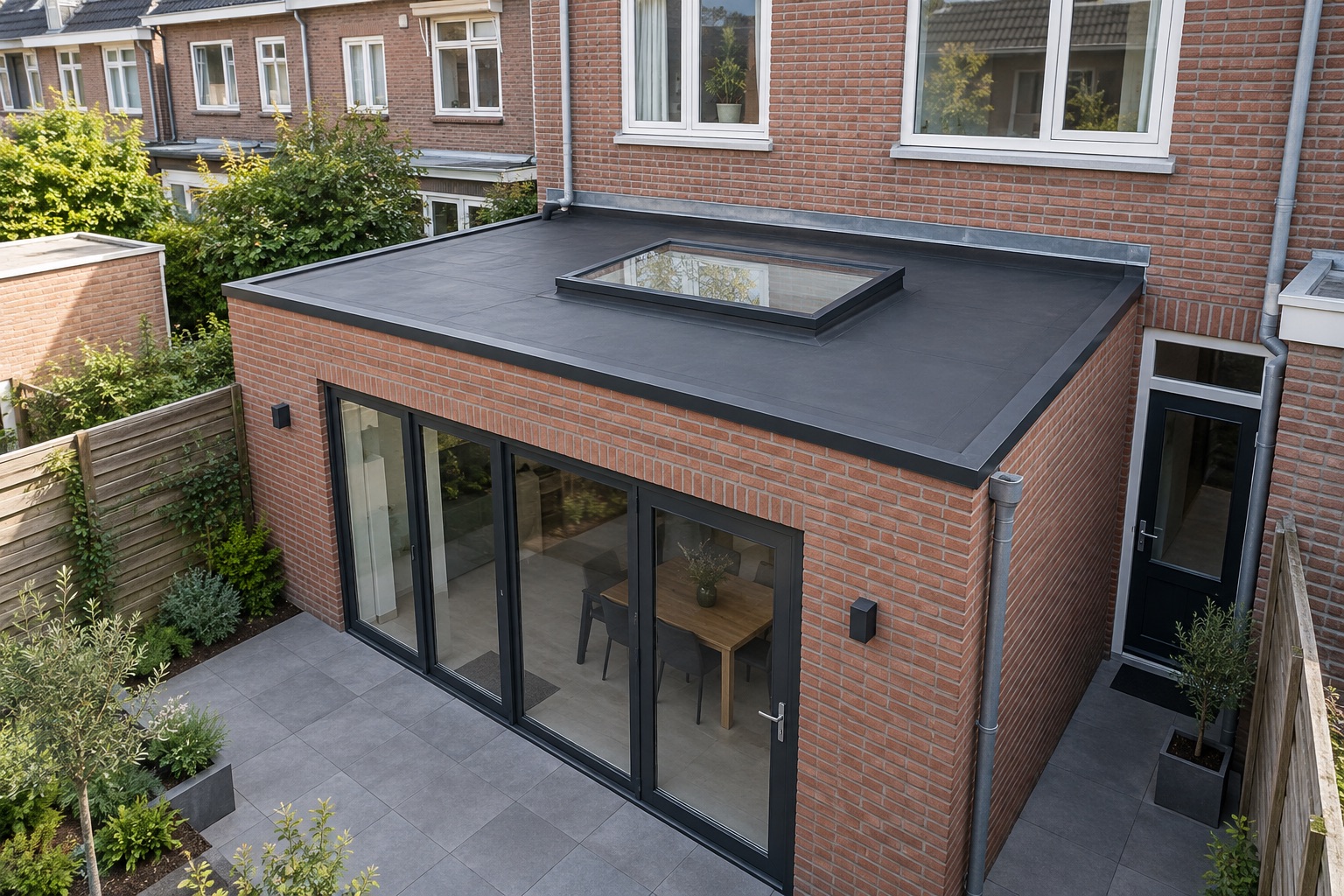 Plat dak van een bakstenen aanbouw met een lichtkoepel en gevelaansluiting