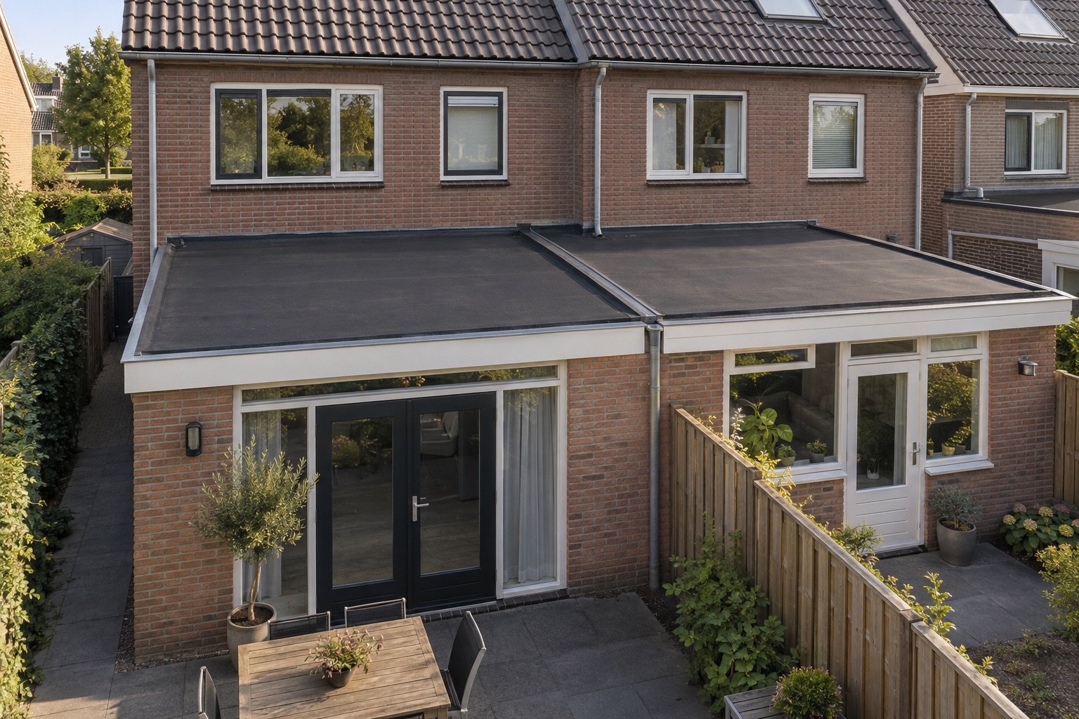 Twee aangrenzende aanbouwen met afzonderlijke platte daken en een tuinafscheiding
