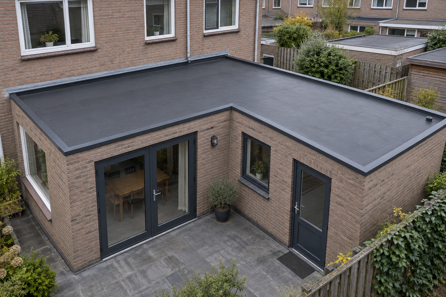 L-vormig plat dak met zichtbare dakranden boven een aanbouw