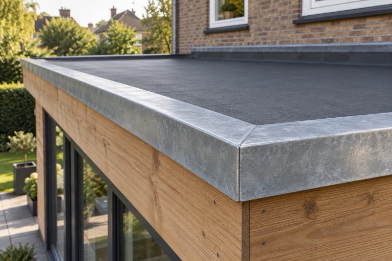 Detail van een metalen dakrand boven een houten boeiboord
