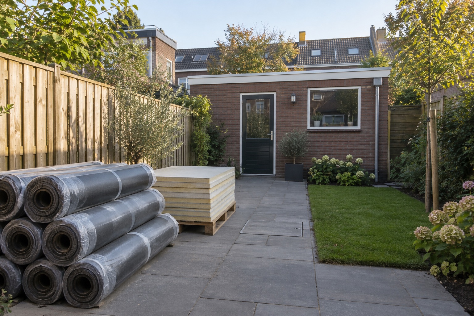 Dakmaterialen naast een vrije tuinroute naar een laag gebouw met plat dak