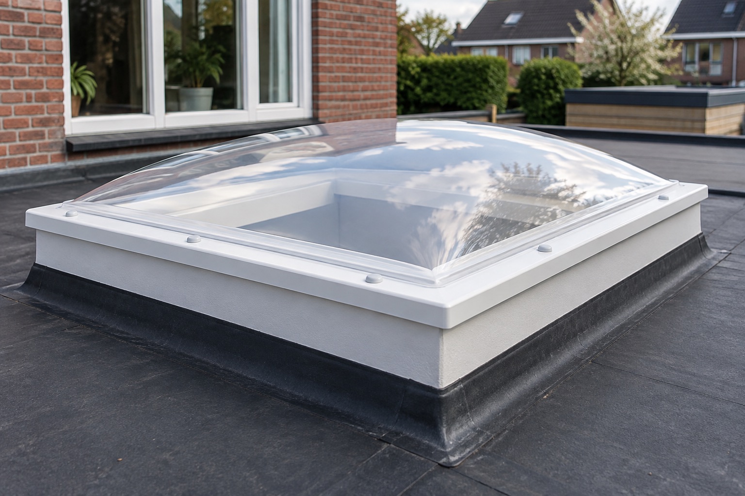 Lichtkoepel op een witte opstand met zwarte dakbedekking rondom