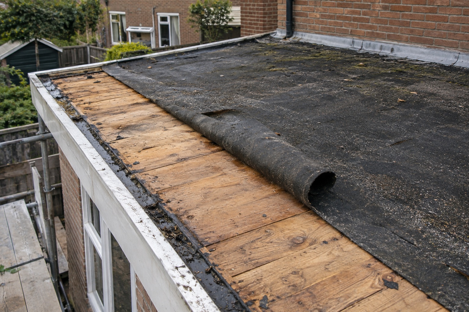 Teruggerolde oude dakbedekking met zichtbaar houten dakbeschot
