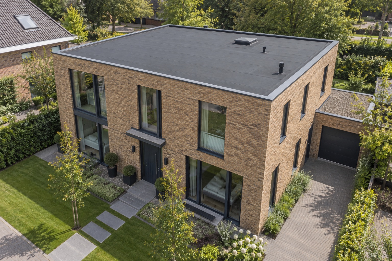 Twee verdiepingen tellend bakstenen woonhuis met een plat hoofddak