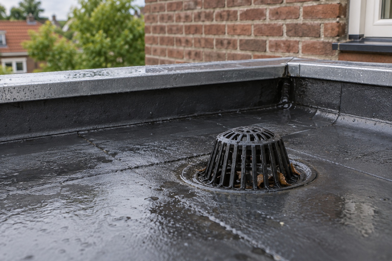 Regenwaterafvoer met beschermrooster in zwarte dakbedekking