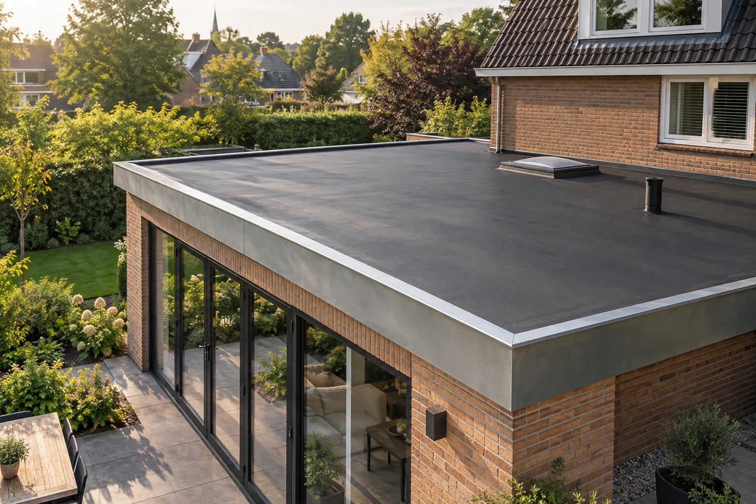een vernieuwd plat dak op een aanbouw