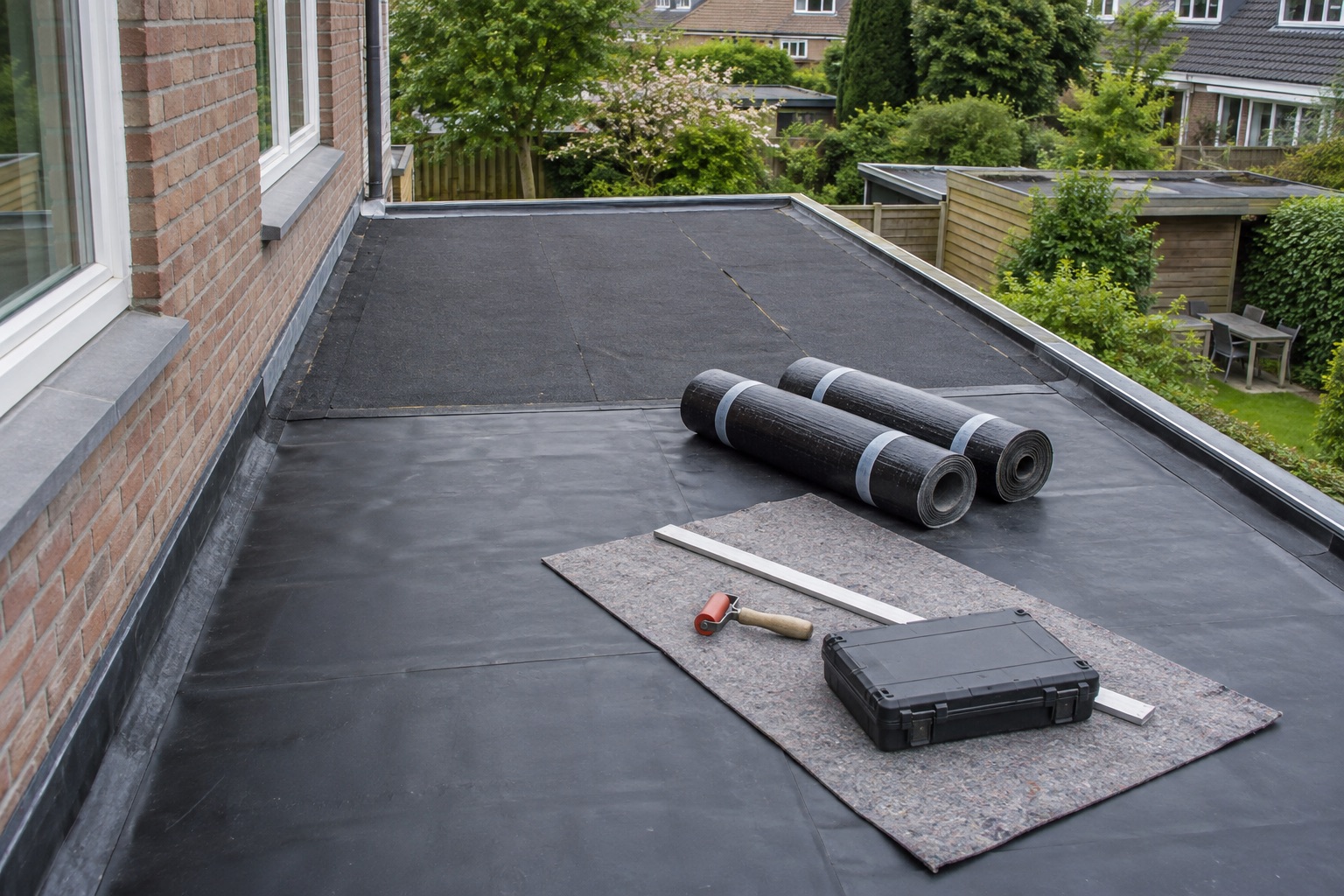 Dakbedekkingsrollen en gereedschap op een plat dak tijdens renovatie