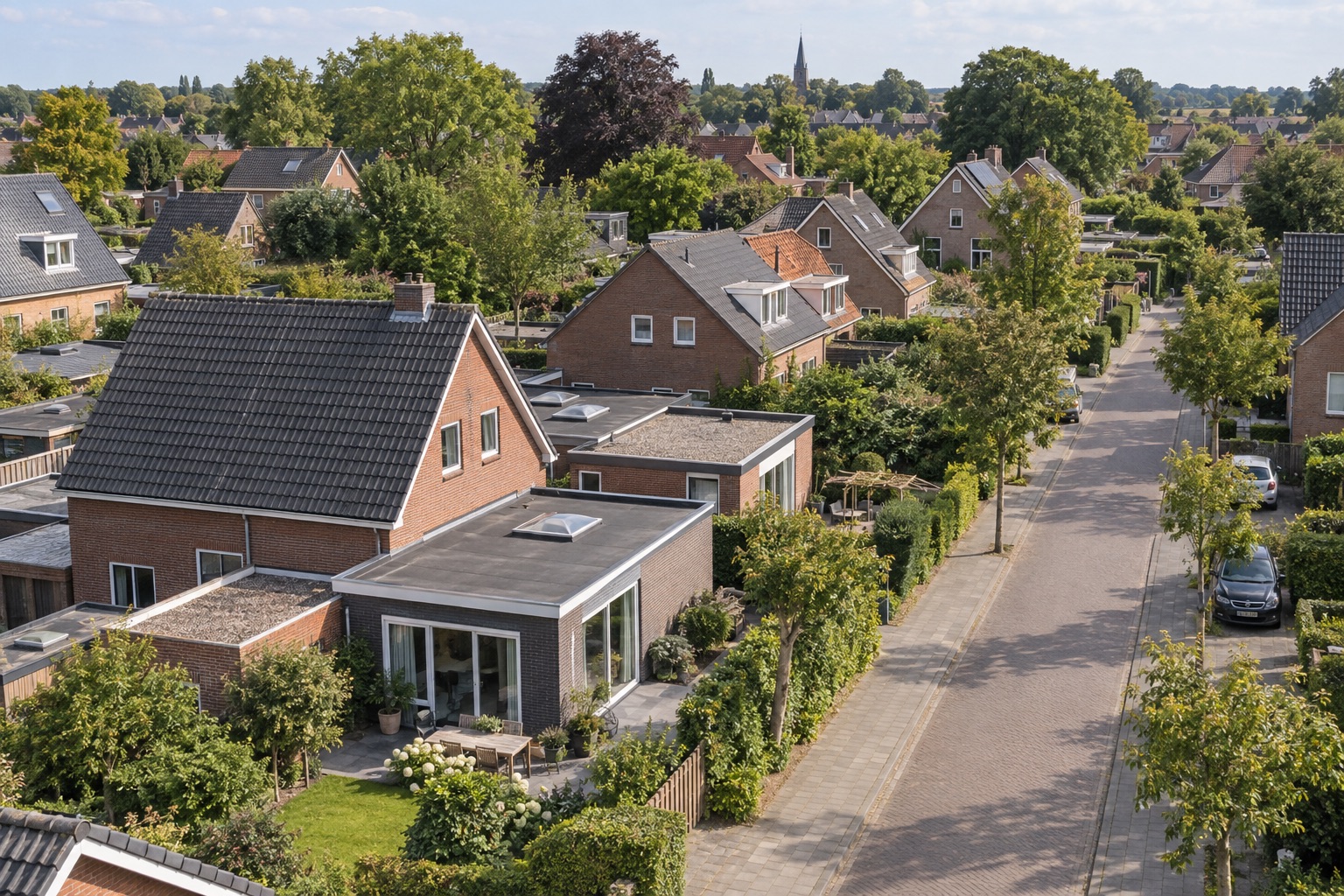 Bakstenen woningen met platte aanbouwen en groene tuinen