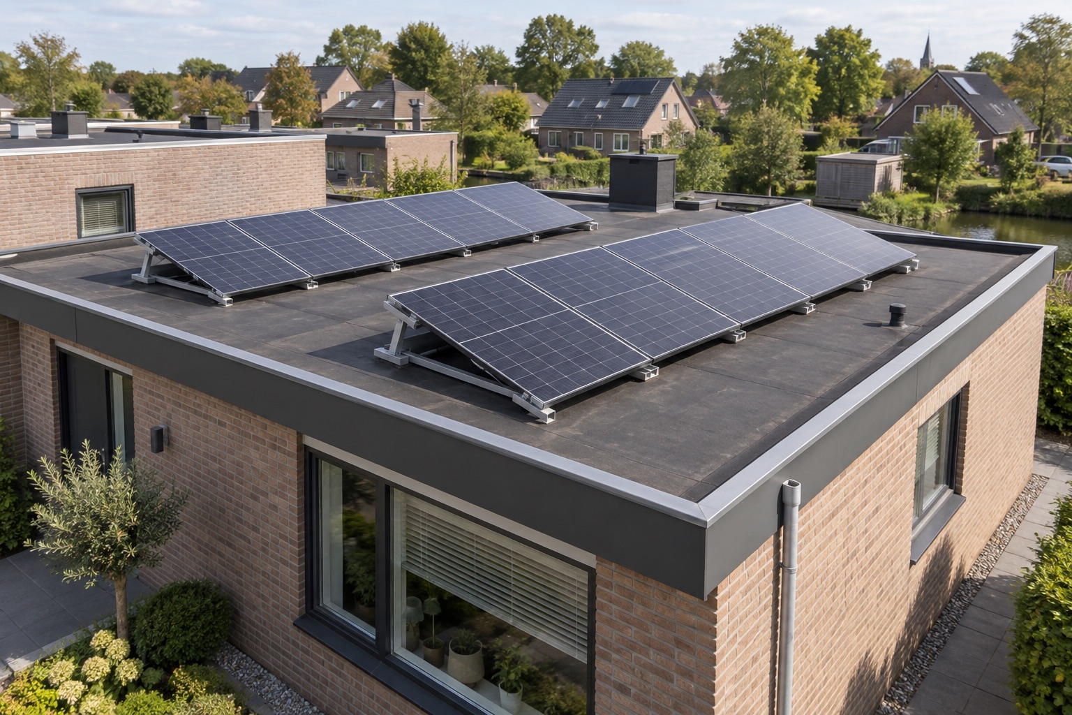 Zonnepanelen op lage frames met vrije dakstroken op een plat dak